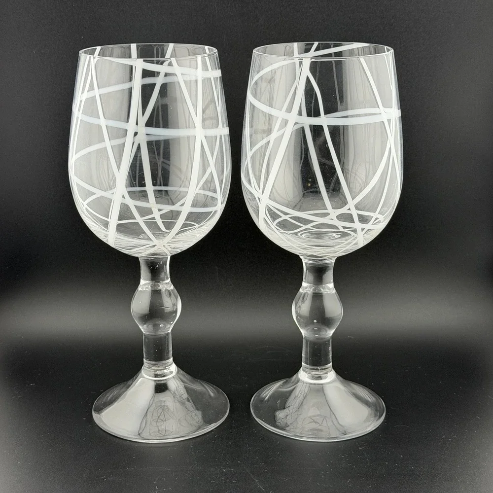 Pier 1 Slanted Lines Clear White Wine Glasses 16 Oz Water Goblets Set Of 2